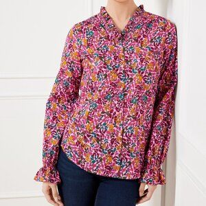 Talbots Petite MP Ruffle Top Button Up Pink Gathered Leaves Floral Gold Metallic